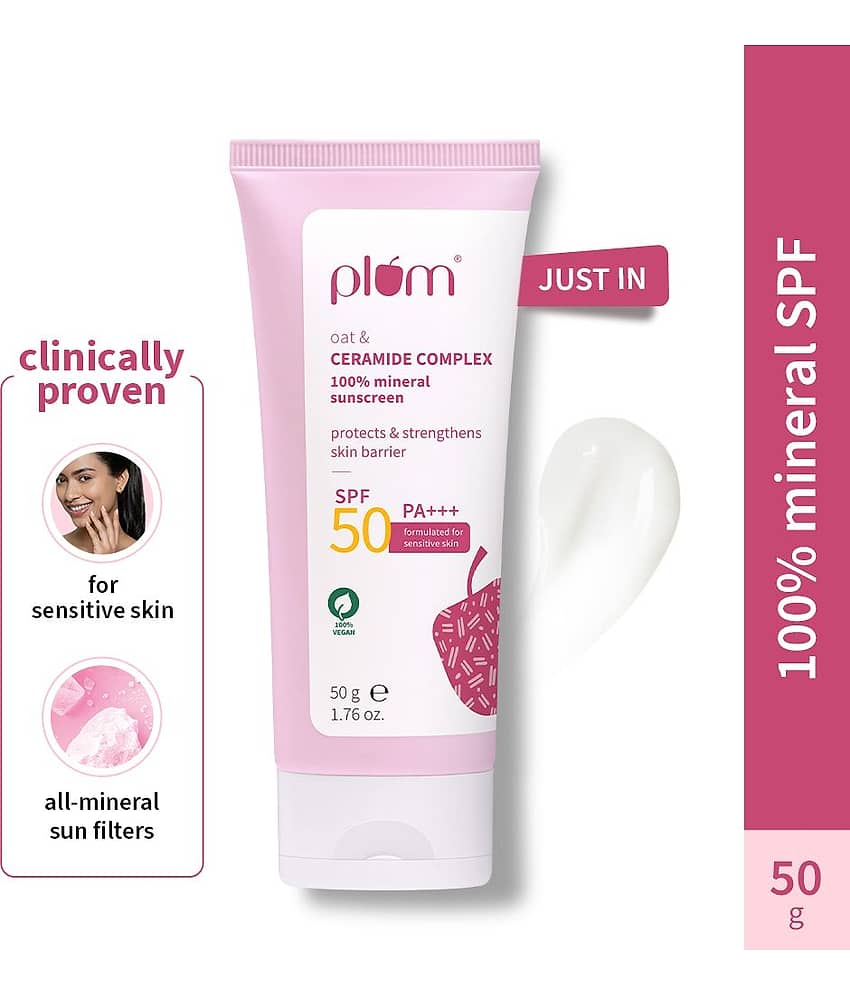 Plum Sunscreen - SPF 50 PA+++ Oat & Ceramide Complex 100% Mineral SPF 50 Sunscreen for Sensitive Skin (50 g)