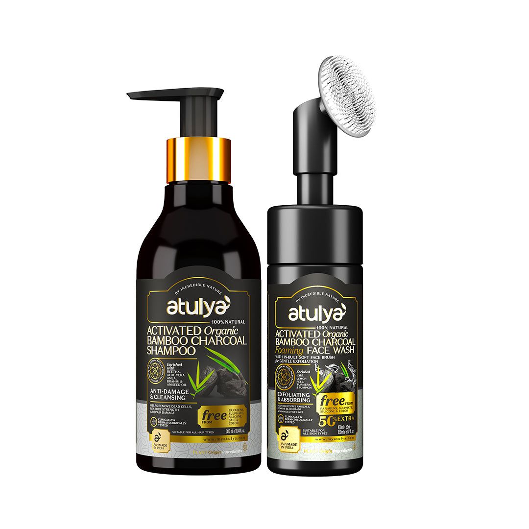 atulya Activated Bamboo Charcoal Foaming Face Wash with Charcoal Shampoo Combo (Set of 2)