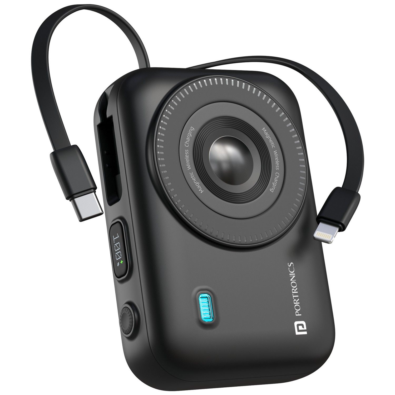 Portronics Power Shutter 20000mAh 15W Magnetic Wireless Fast Charging Powerbank with in-Built Type C & 8 Pin Cable, 22.5W Type C PD Output, Type C Bidirectional Port, LED Display 