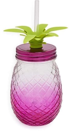 Pineapple Shape Glass Mason Jar with Straw Multi-Color Air-Tight Lids | 450 ML | Wide Mouth Tumbler for Cocktails, Juices, Shakes