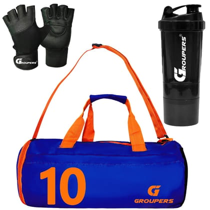 GROUPERS Combo Set of Duffle Polyester Bag with Shaker Bottle-500ml & GloveslSports & Travel Bag (Blue 10) GROUPERS Combo Set of Duffle Polyester Bag with Shaker Bottle-500ml & GloveslSports & Travel Bag (Blue 10)