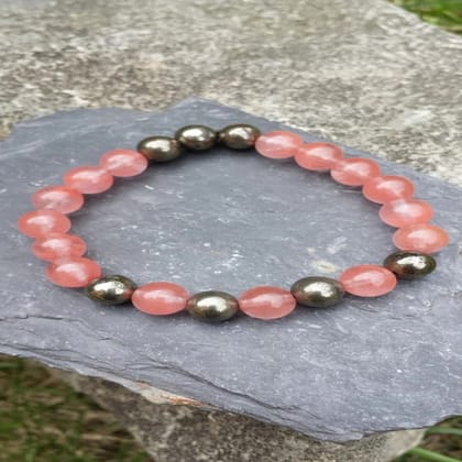 Handmade Cherry Quartz, Strawberry Quartz & Pyrite Bracelet  Positivity & Protection (Size - 8")