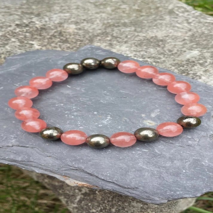 Handmade Cherry Quartz, Strawberry Quartz & Pyrite Bracelet Positivity & Protection (Size - 7.5")