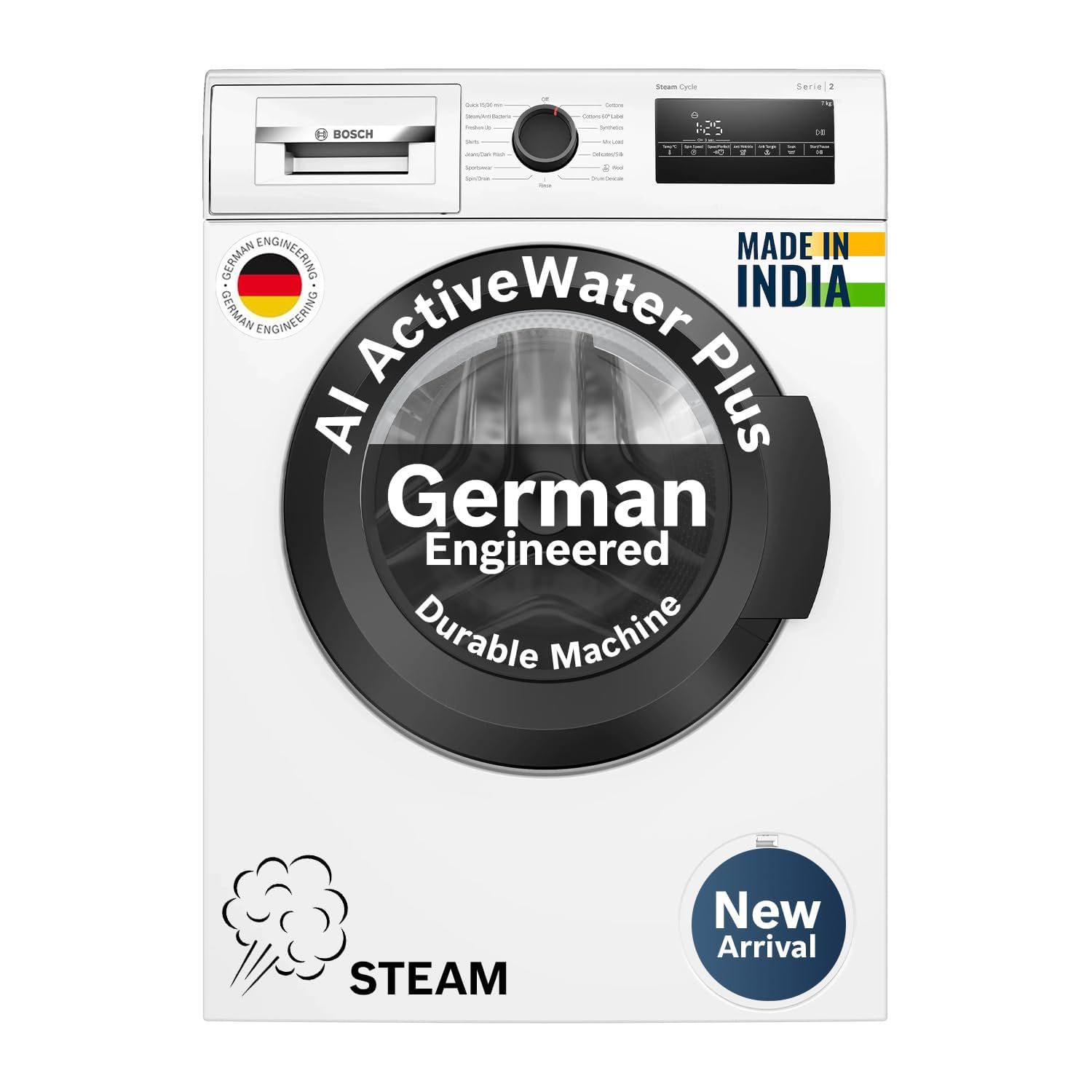 Bosch 7 kg 5 Star Front Load Fully-Automatic Washing Machine, Steam Antibacterial Tech, AI ActiveWater, 15 Wash Programs, 53L Large Drum, SoftCare Paddle, White, WAJ24263IN (2026 Model) Bosch 7 kg 5 Star Front Load Fully-Automatic Washing Machine, Steam 