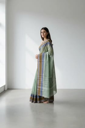 Handwoven Sage Green Kanchipuram Cotton-Silk Saree, Contrast Border Handwoven Sage Green Kanchipuram Cotton-Silk Saree, Contrast Border