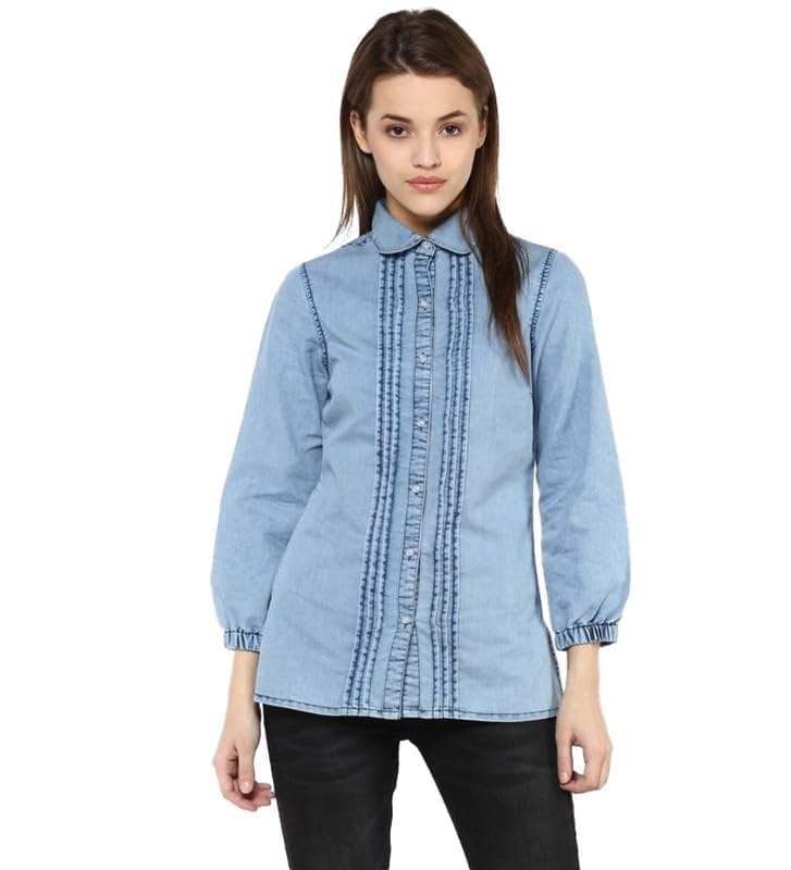 Women's Denim Solid 3-4th Sleeves Standard Length Shirt (Blue, M)-PID55833