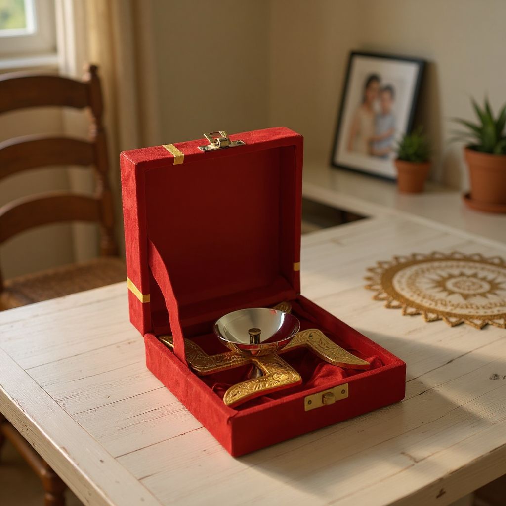Antique Brass Swastik Diya | Red Velvet Box included