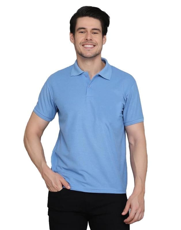 Men's Casual Half Sleeve Solid Cotton Blended Polo Neck T-Shirt (Blue, M)-PID47130