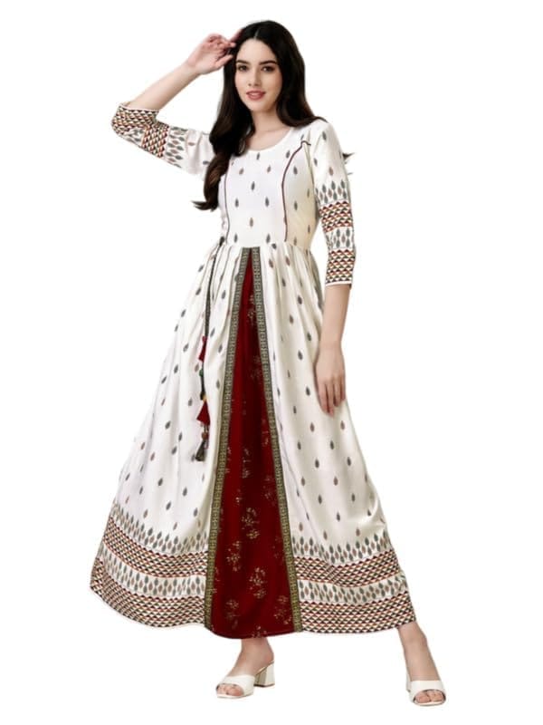 Women's Casual 3-4 th Sleeve Printed Rayon Gown (White, M)-PID50297
