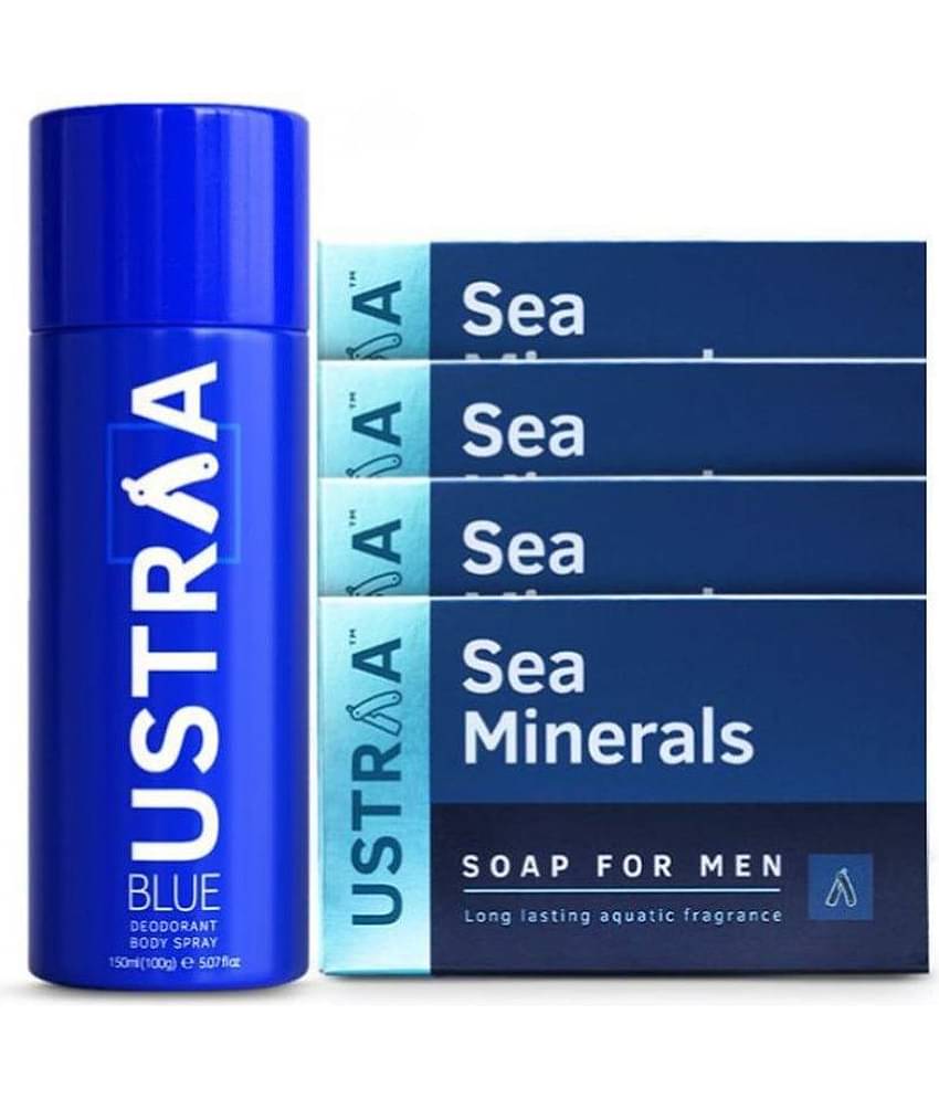 Ustraa Blue Deodorant - 150 ml & Deo Soap Sea Minerals - 100g (Pack of 4)
