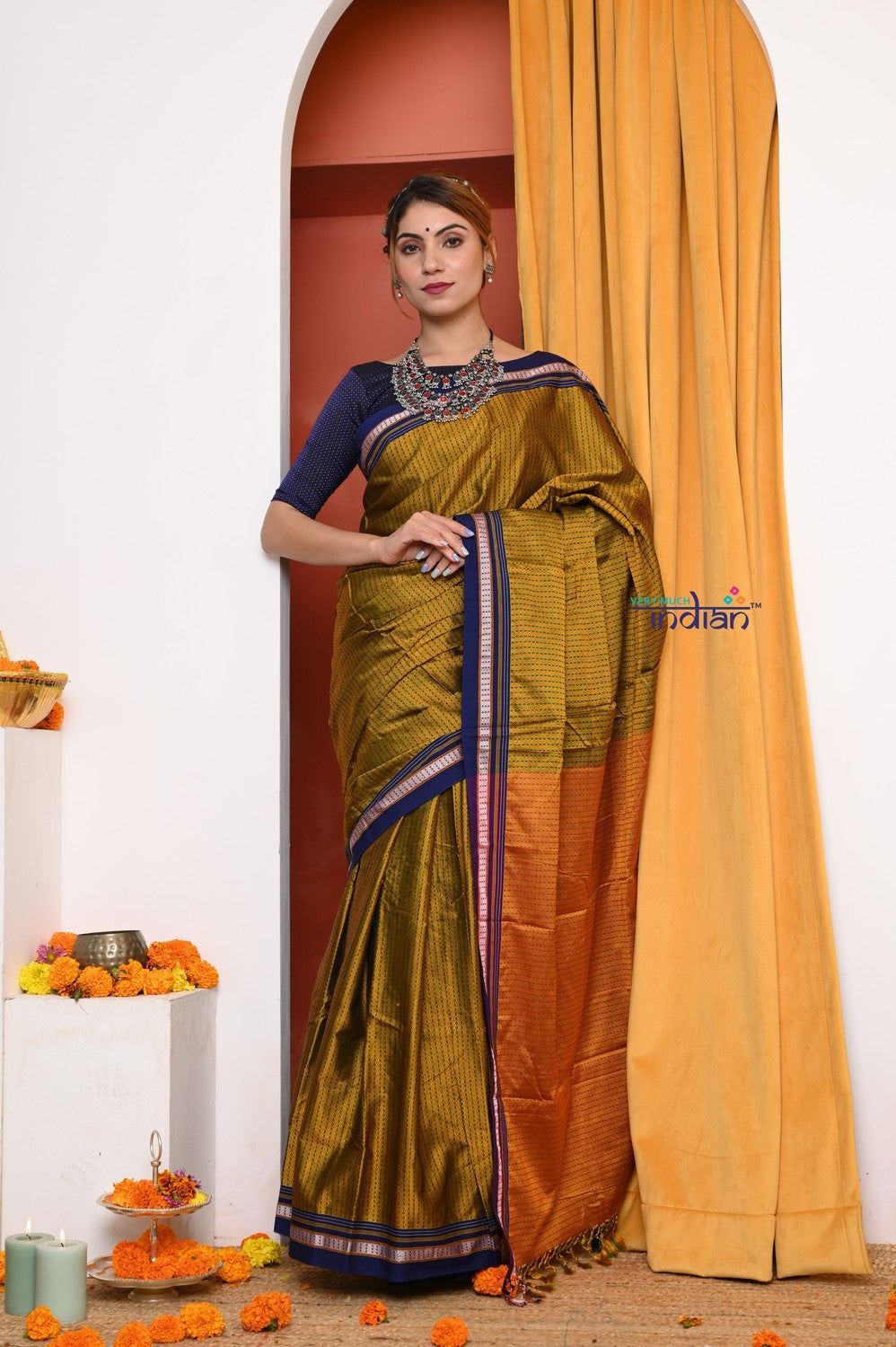 Traditional Khun Cotton Silk Authentic Handwoven Saree, Teal Yellow With Blue Border