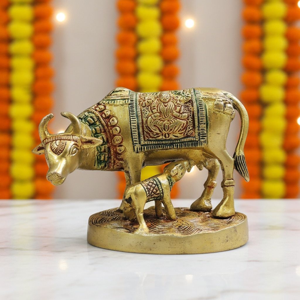 Brass Cow & Calf God Idol | Kamdhenu Style Decor, Height : 4 Inch (BSMAS889 C)