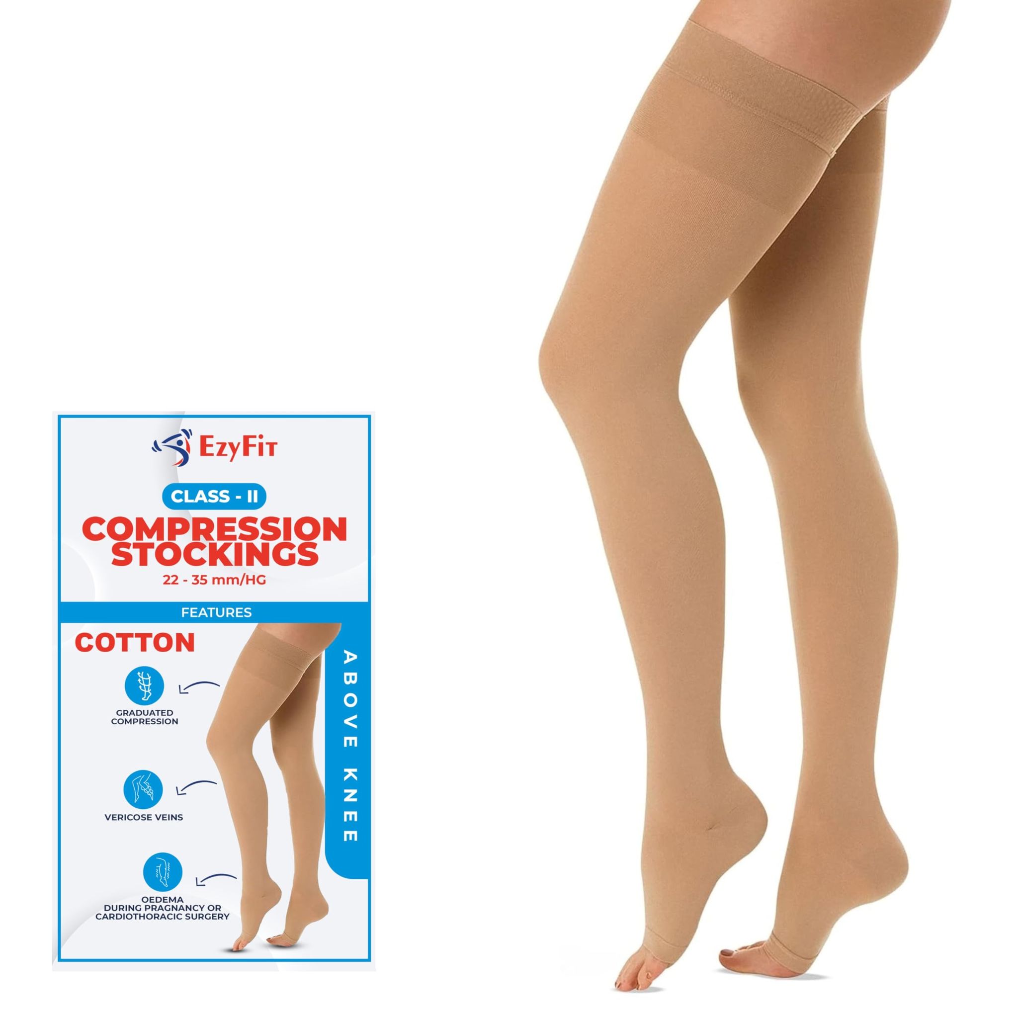 EZYFIT Imported Class II Medical Compression Stockings Above Knee | 22-35 mmHg | 30% Cotton Fabric | For Varicose Veins, Oedema, Pregnancy & Post-Surgery Recovery | Unisex (Men & Women)