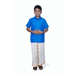 Varanakala - Boys Birthday, Festivel Party Dhoti and Shirt Set With Towel.( Art Silk - Blue Colour. Pack of 1 )