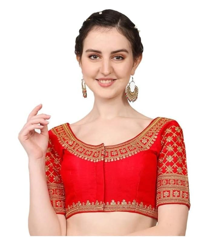 Women's Silk Embroidery Coding Round Neck Short Sleeve Readymade Blouse (Red, Free Size)-PID57752