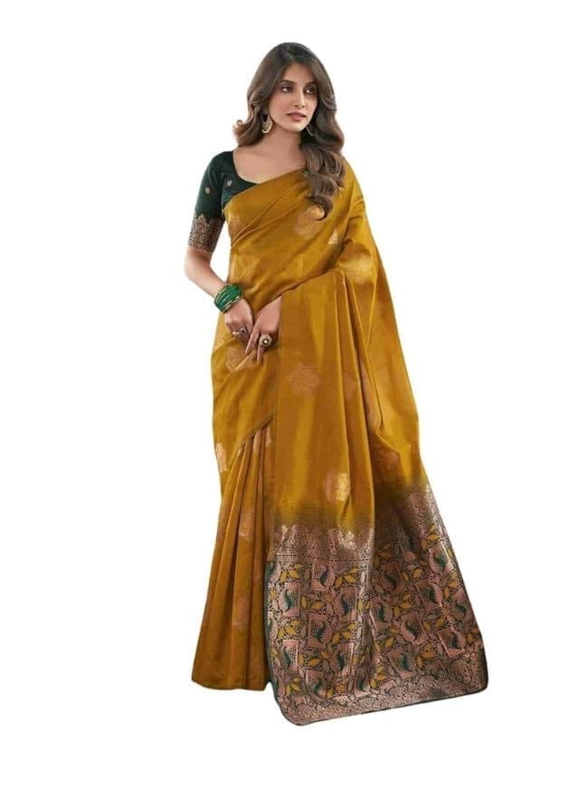 Women's Soft Lichi Silk Printed Saree With Unstitched Blouse 5.5Mtr (Mustard)-PID63678