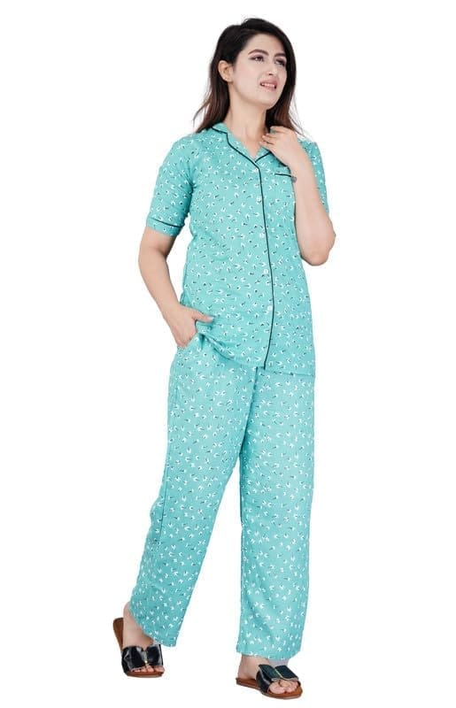 Women's Casual Half Sleeve Printed Viscose Rayon Shirt with Pyjama Pant Night Suit Set (Green, XL)-PID47194