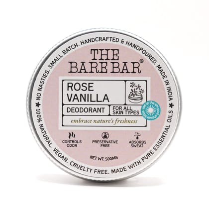 The Bare Bar Rose Vanilla Deodorant - 50 gm | Floral Fragrance| Odor & Sweat Control | Natural formula and Chemical free| Good for all skin types | Travel Mini Size Solid Deodorant for Men & Women The Bare Bar Rose Vanilla Deodorant - 50 gm | Floral Frag