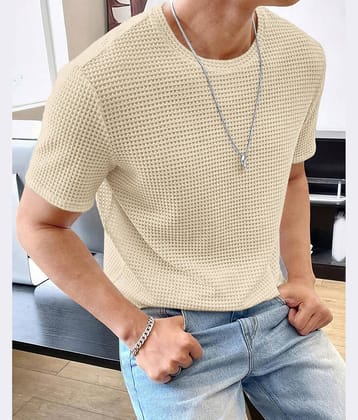 Eyebogler Cotton Blend Regular Fit Self Design Half Sleeves Men's Round T-Shirt - Beige ( Pack of 1 )