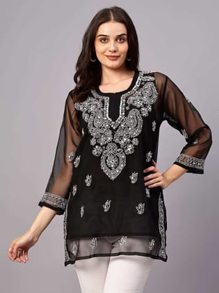 MRS RIGHT CHIKANKARI GEORGETTE FABRIC MIRROR EMBROIDERED BLACK SHORT TOP KURTI MRS RIGHT CHIKANKARI GEORGETTE FABRIC MIRROR EMBROIDERED BLACK SHORT TOP KURTI