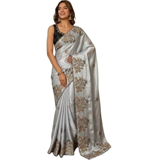 Women's Viscose Silk Embroidered Saree With Unstitched Blouse 5.5Mtr (Grey)-PID67269