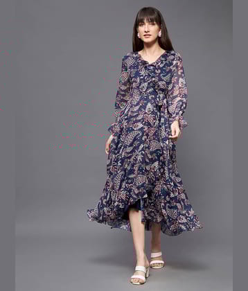 Miss Chase Polyester Printed Midi Women's Wrap Dress - Navy ( Pack of 1 )