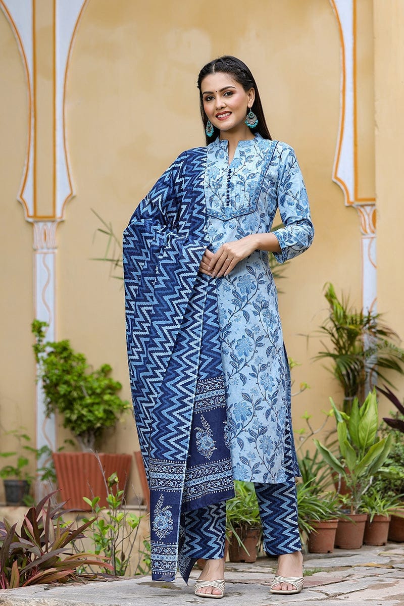 Blue Cotton Ethnic Motifs Suit Set VKSKD1225