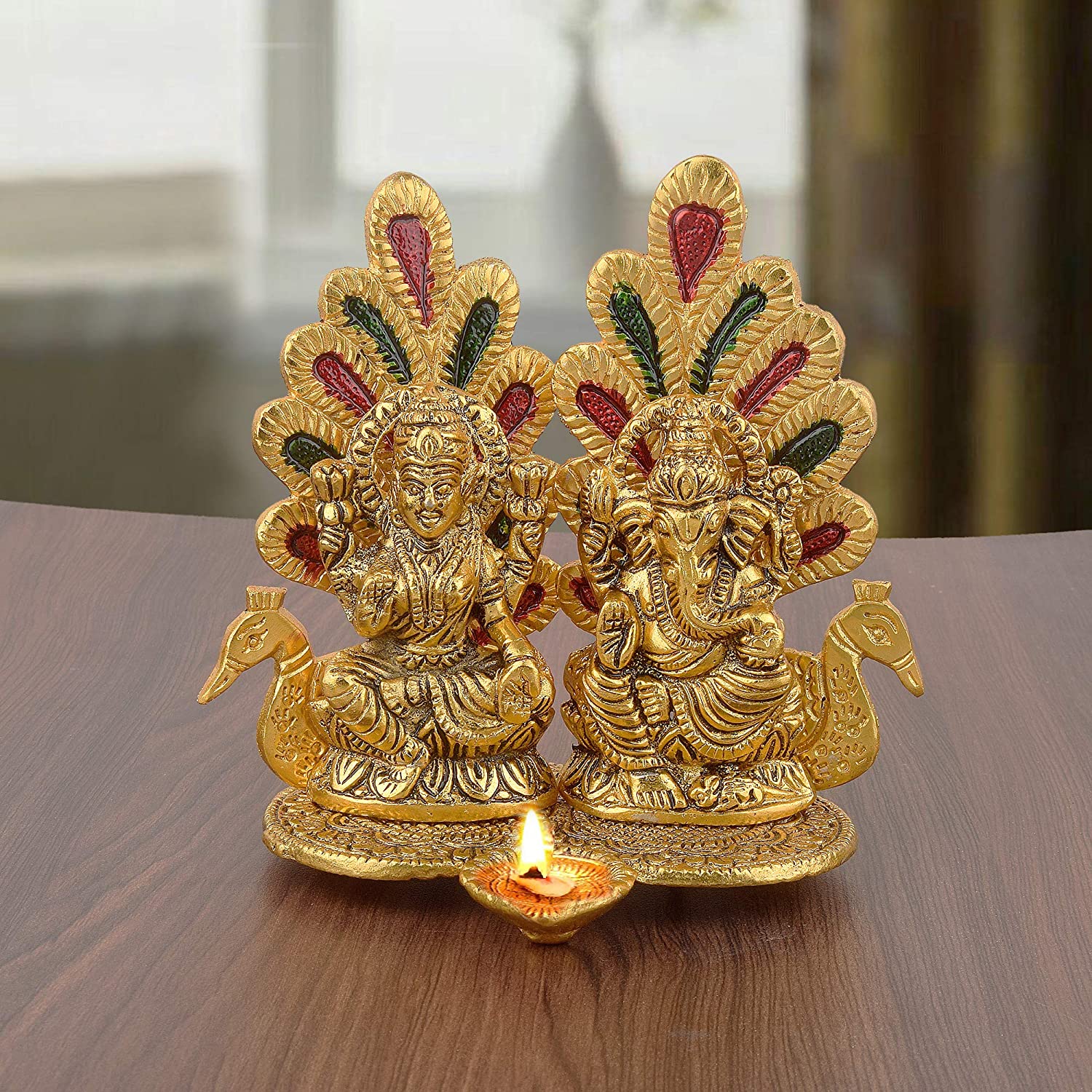 DreamKraft Metal Meenakari Laxmi Ganesh Diya Showpiece 4x5.5x3 in, Multicolor
