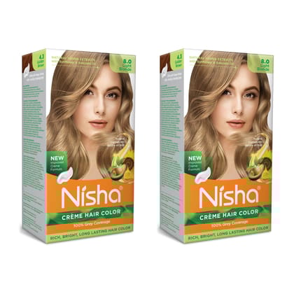 Nisha Creme Hair Color 8.0 Light Blonde 120g Pack of 2, Permanent Hair Colour for Long Lasting Hair, 100% Grey Coverage