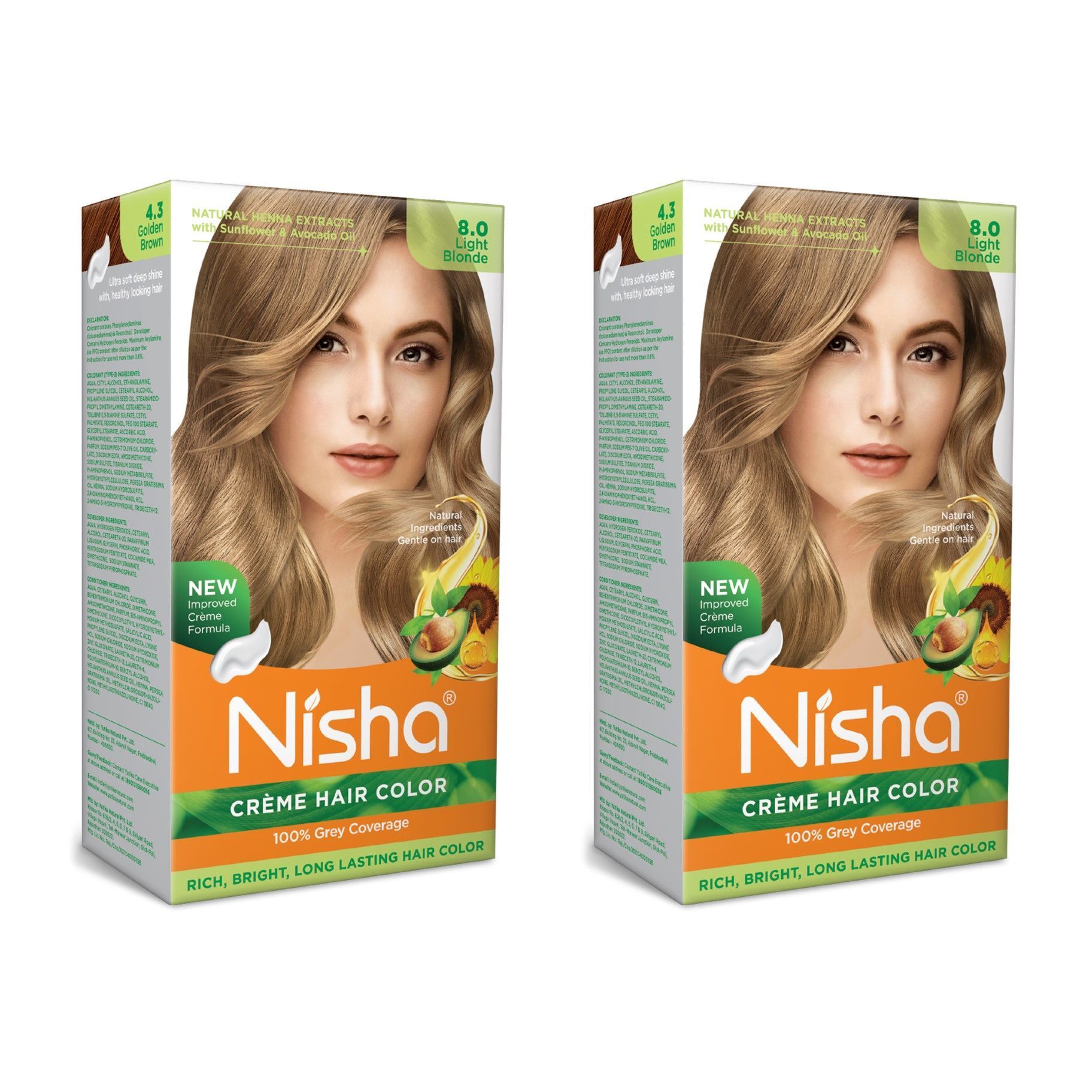 Nisha Creme Hair Color 8.0 Light Blonde 120g Pack of 2, Permanent Hair Colour for Long Lasting Hair, 100% Grey Coverage