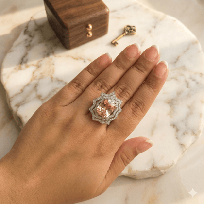 Smitam Jewels Gulzaar Adjustable Ring Pink Stone Floral Crystal Silver Tone Ring