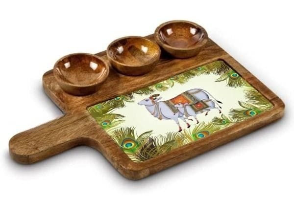 Wooden Serving Platter Mango Wood Platter Tray Printed Serving Platter with Handle Appetizer Plate Snacks Serving Platter with 3 Bowls, 16 X 10 inches