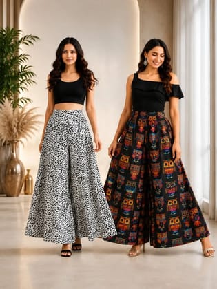 UneR Women's Pack of 2Smoked Palazzo Pants | Wide Leg Flared Parallel Plazo Combo Set | Free Size Waist 28 to 42