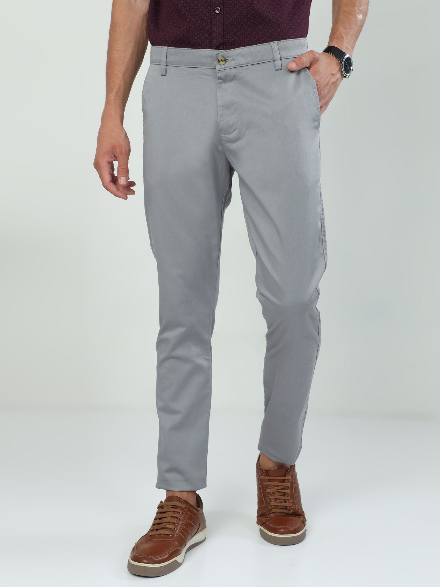 Classic Polo Men's Moderate Fit Cotton Trousers | CR-TRS-SATIN-LT.GREY MF LY