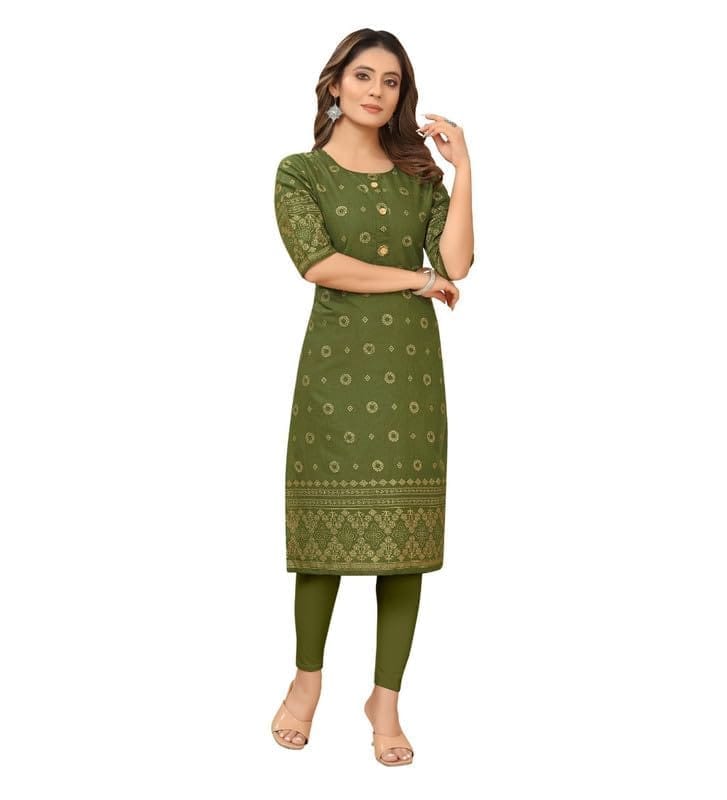 Women's Casual 3/4th Sleeve Foil Gold Printed Ruby Cotton Kurti (Dark Green, M)-PID46104