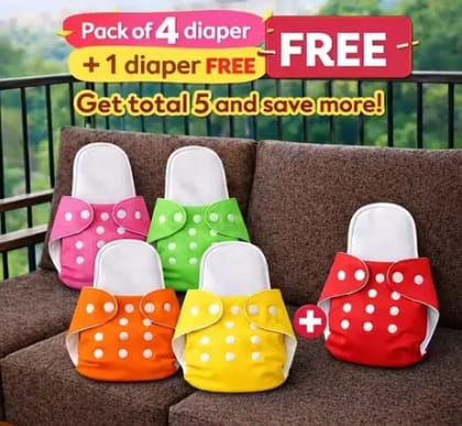 Pack of 4 Diapers + 1 Diaper FREE (4+1 = Total 5 Diapers) | Insert Included in All | Ultra Soft, Leak-Proof & Skin Friendly.