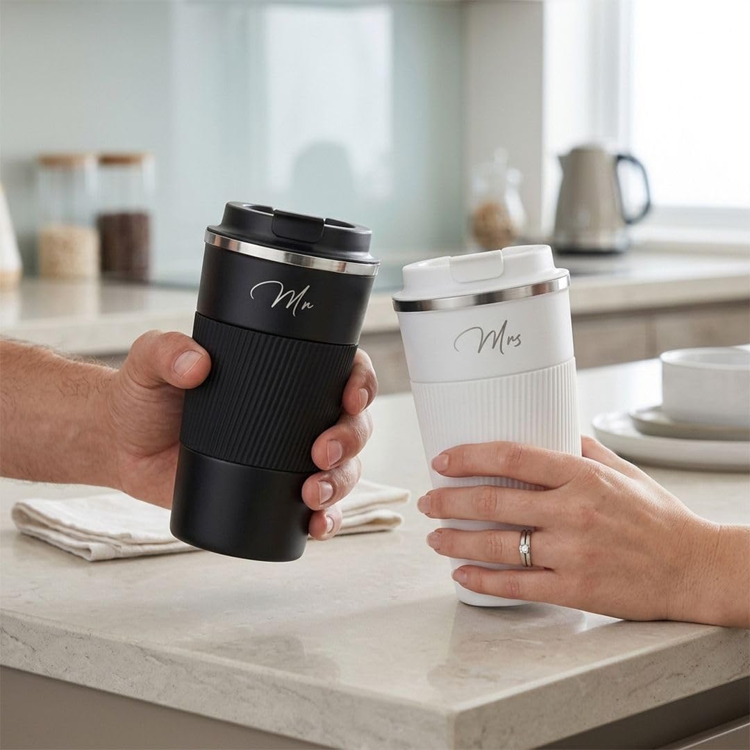 Mr and Mrs Coffee Tumbler Set of 2, Premium Travel Mugs 510ml, Black and White Couple Gift Set for Bridal Shower, Wedding, Engagement, Anniversary, Bride and Groom Gifts