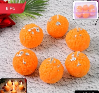 Set of 6 Laddu-Shaped Wax Candles with Silver Leaf Decoration