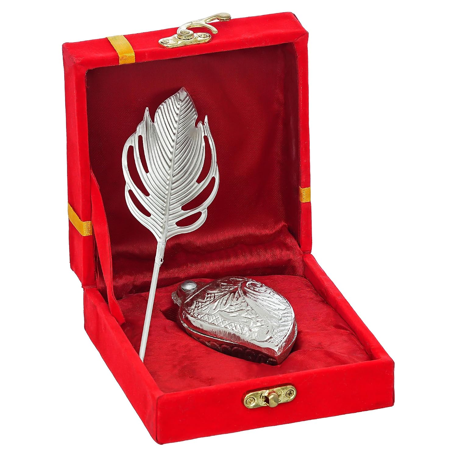 Premium Silver Kumkum Box With Leaf And Red Velvet,Roli|Chawal|Chandan|Haldi|Kumkum Puja Box|Sindoor Box- Diwali Gift Item,Roli Chawal Box (Antique)
