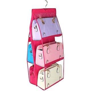 Unicrafts Purse Handbag Organizer 6 Pocket Foldable Large Clear Anti Dust Hanging Handbag Storage Organizer with Hook Purse Hanger Storage Holder for Wardrobe Closet Organizer Pack of 1 Pc Pink Handbag Organizer ()