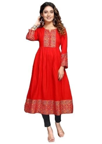 Women's Casual 3/4 Sleeve Viscose Rayon Foil Printed Kurti (Red, XL)-PID46373