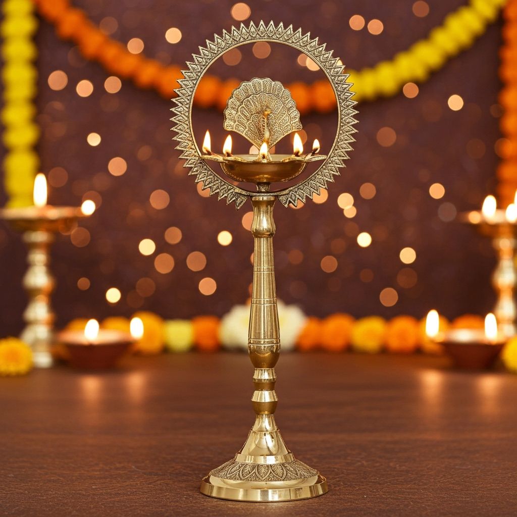 Brass Table Decor Oil Lamp Deepak  - Devotional Brass Diya for Temple, Height : 17 Inch (FMAS656 H)