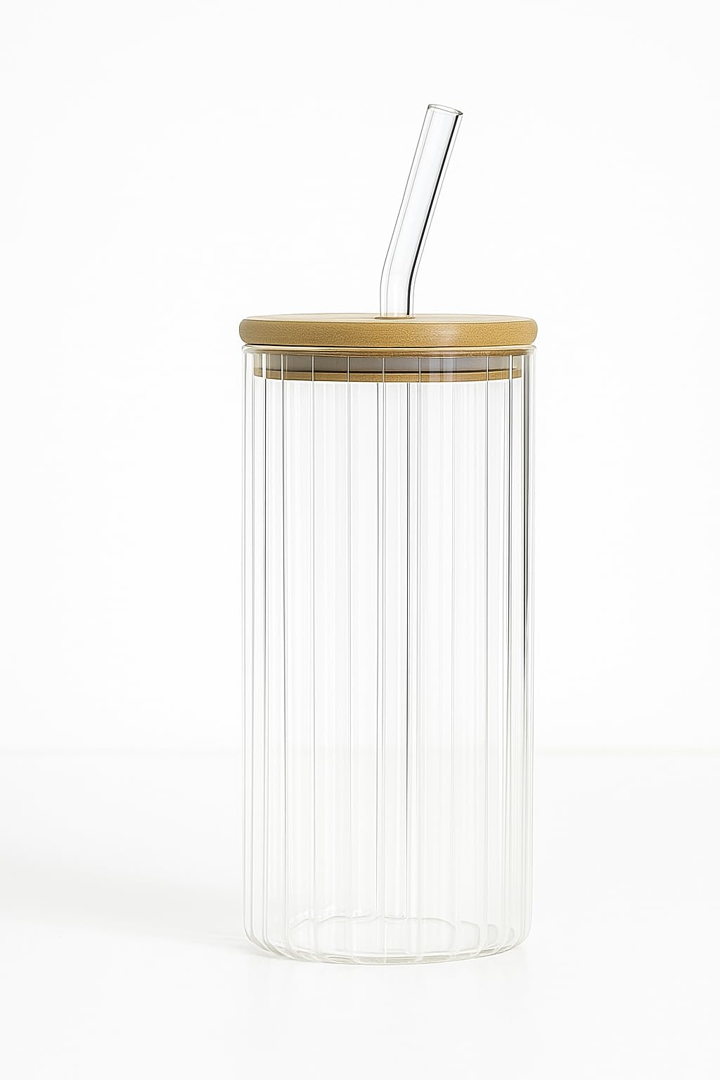 Cola Can Tumbler Glass Ribbed Borosilicate Glass with Wooden Lid & Straw � Reusable Cup for Coffee, Juice, Smoothies (510ml)