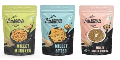 TruMillets Ready to Eat Snack Combo � Sweet Chivda, Millet Bites & Murukku Sticks | 125g Each (Pack of 3) | Healthy Millet Snacks | Gluten-Free & No Preservatives