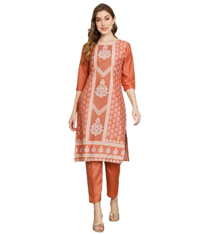 Women's Casual 3/4th Sleeve Printed Crepe Kurti Set (Orange, M)-PID46141