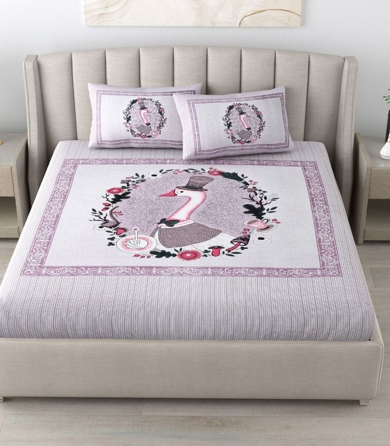 180 TC Cotton Printed Bedsheet With Two Pillow Covers For Double Bed