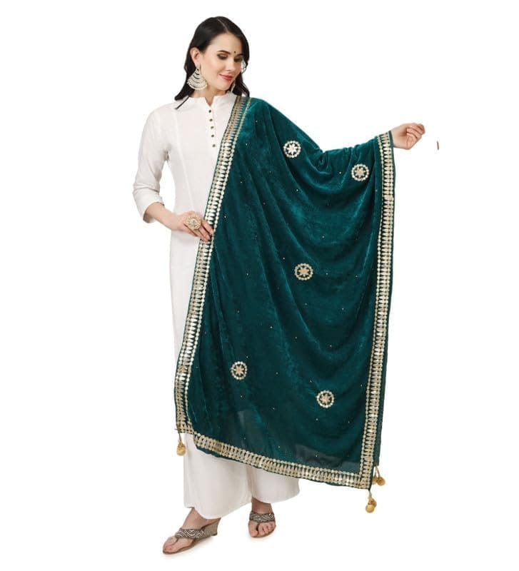 Women's Velvet Gotta Patti Dupatta (Dark Green)-PID46949