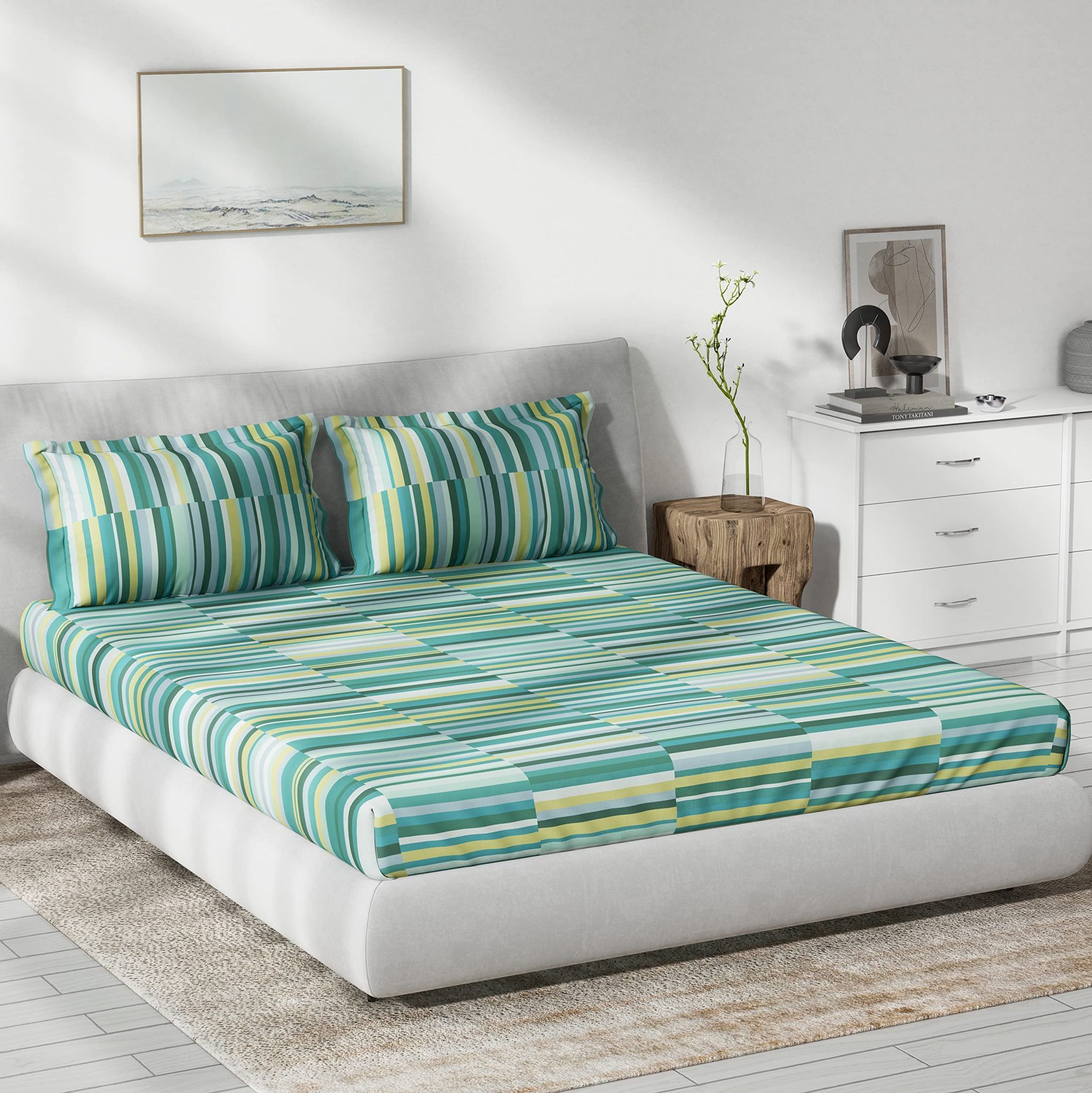DDECOR - Primary Collection 100% Cotton Geometric Pattern 136TC King Bedsheet |229 CM X 274 CM| Green