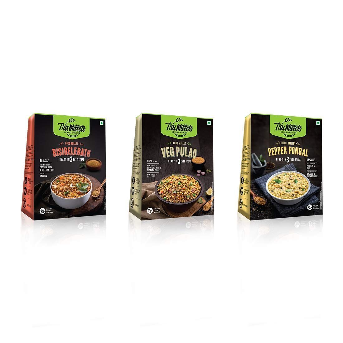 Trumillets Healthy Millet Instant Mix Breakfast Combo Pack of 3 (Veg Pulao, Pepper Pongal & Bisibelebath)
