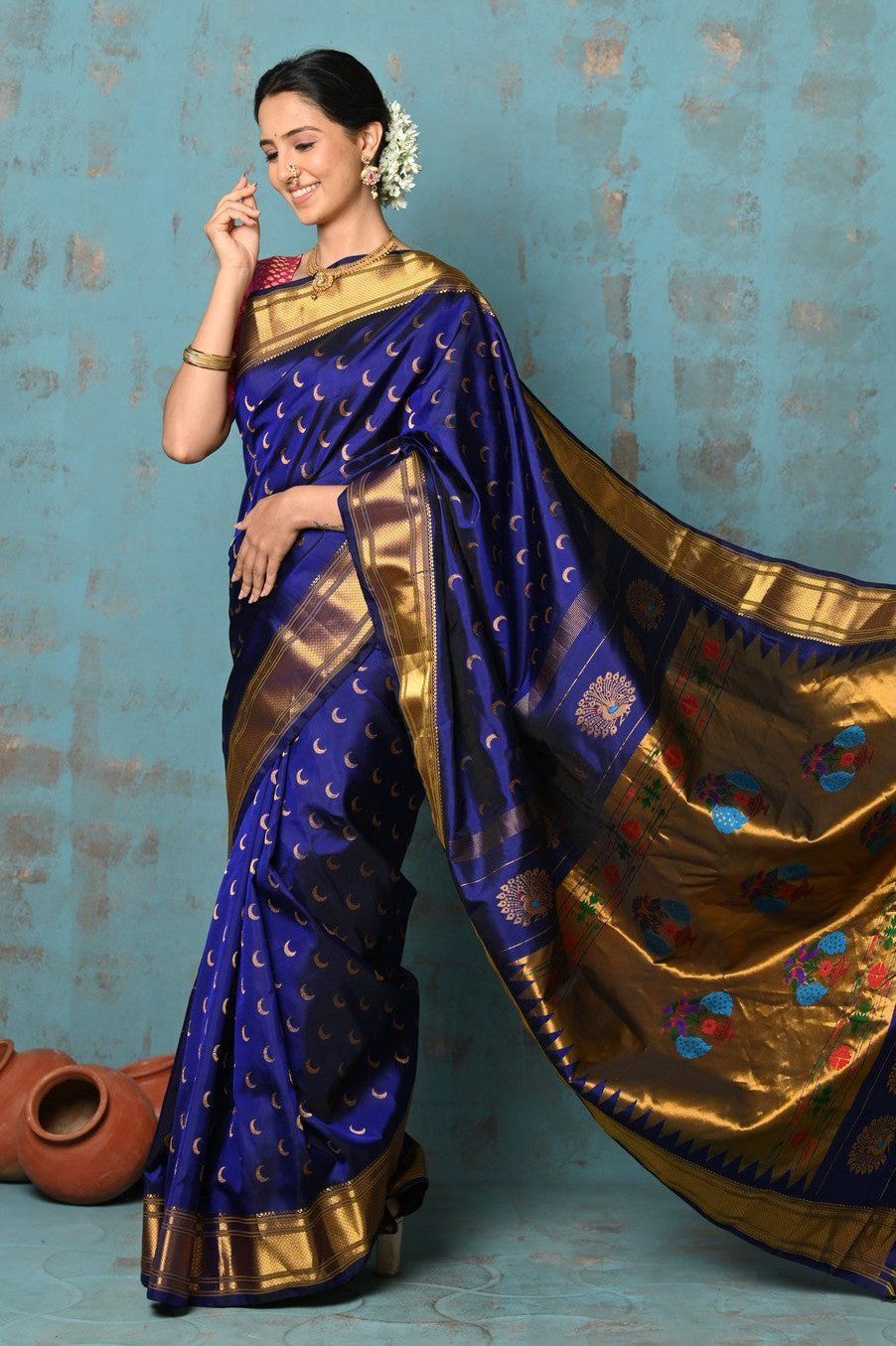 Tyohaar ~ Chandrakor: Handloom Pure Silk Maharani Paithani Saree with Traditional Maharani Pallu ~ Rani Pink (By Government Certified Weavers)